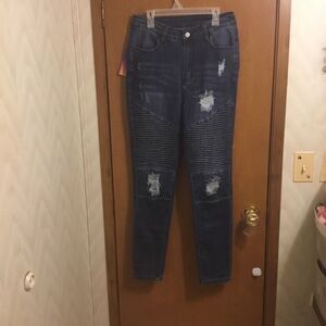 Shein Distressed Destroyed Moto Medium Wash  Blue Skinny Jeans 30